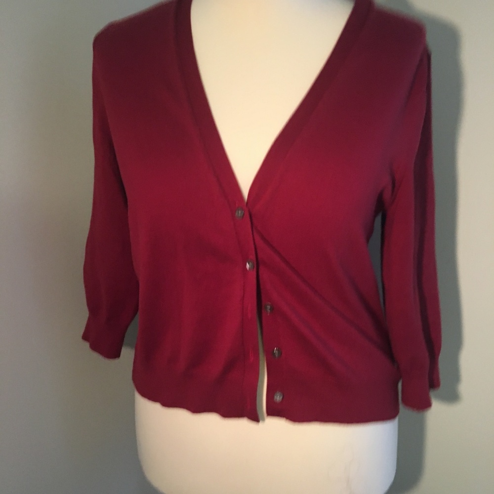 Lands End Red 3/4 Sleeve Cardigan